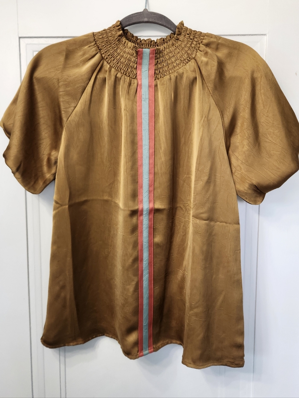 THML Womens Gold Satin Short Sleeve Smocked Neck Top with Stripe Detail